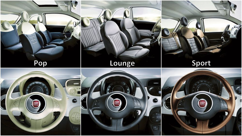 FIAT 500 — интерьеры версий Pop, Lounge и Sport, коллаж
